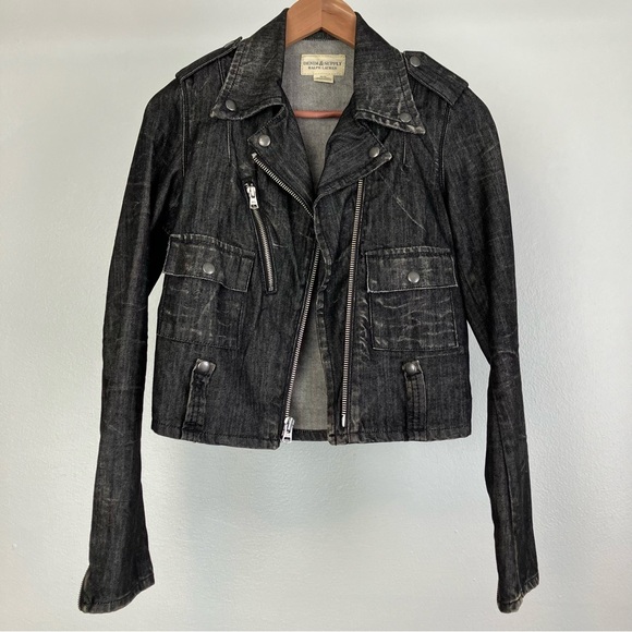 Ralph Lauren Moto Jean Jacket in Distressed Black Denim w/ Zipper Pockets XS - Picture 3 of 16